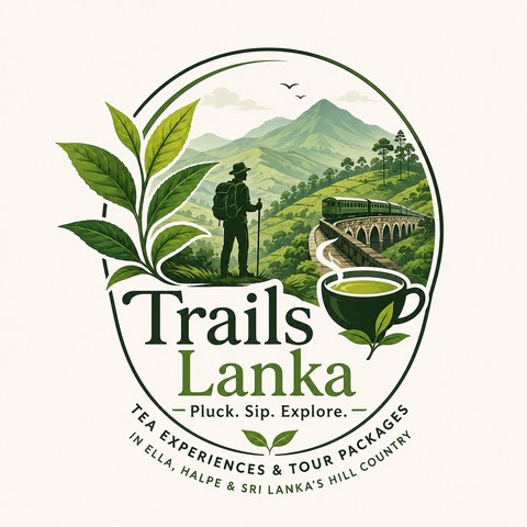 Trails Lanka logo: tea leaves, a hiker, green hills and the Nine Arches bridge